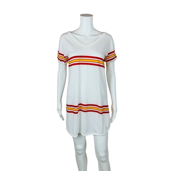 Vintage 70s Red Yellow Striped Tunic Tee V-neck T-Shirt B 37" - Picture 2 of 11